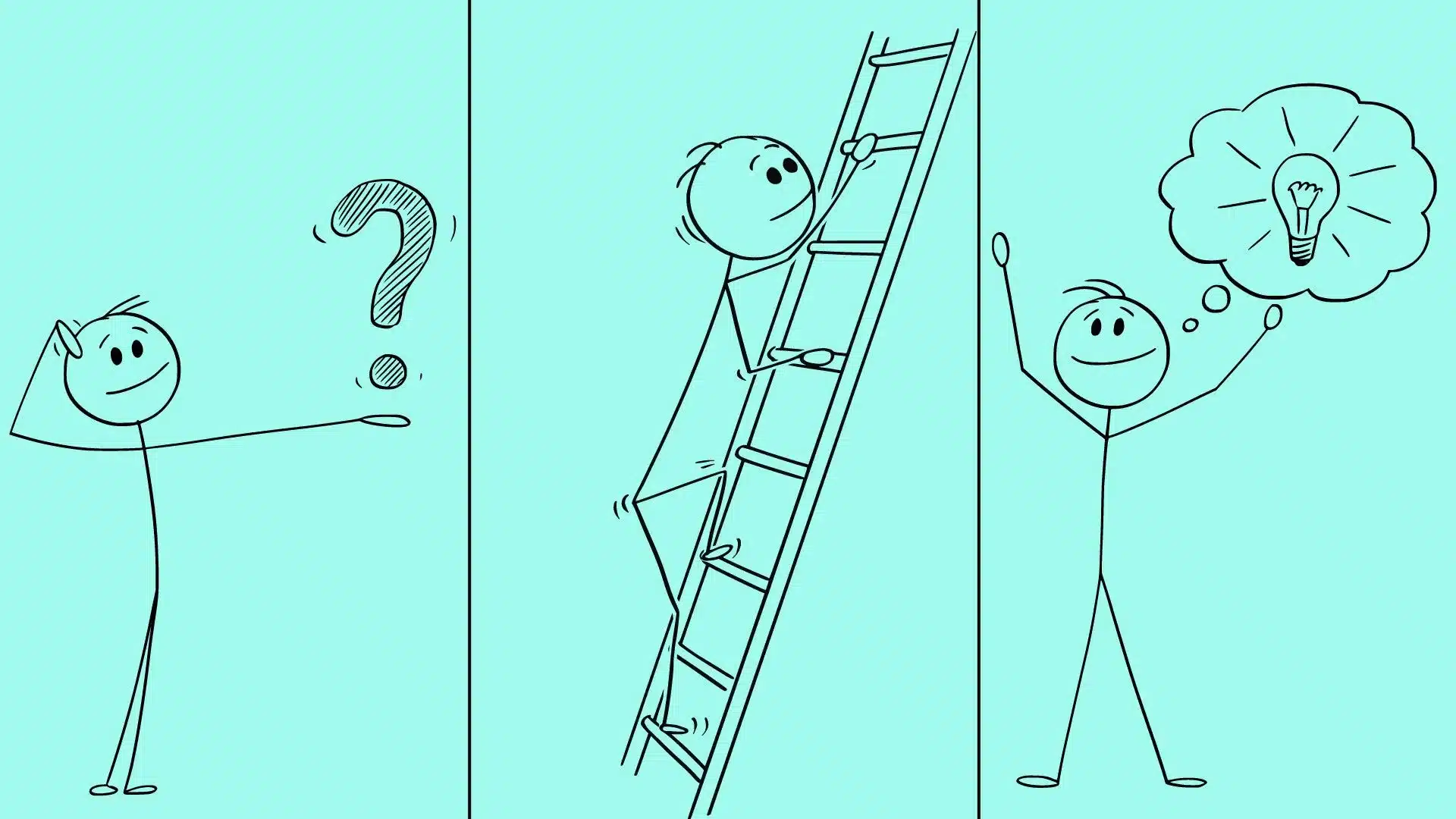 A series of stick figures asking questions, climbing a ladder, and having an idea